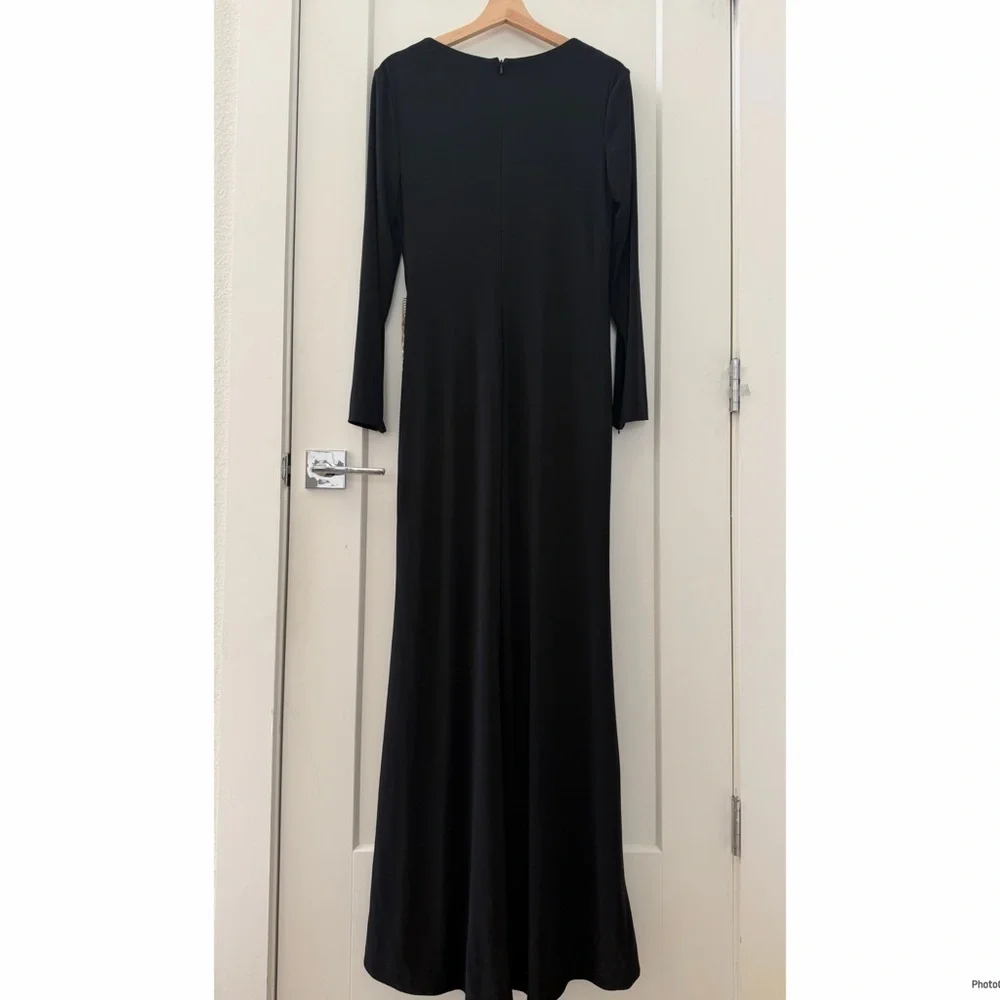 IEENA FOR MAC DUGGAL Black Jersey Asymmetrical Ruched Gown with Rhinestones Sz 8 - Picture 5 of 11